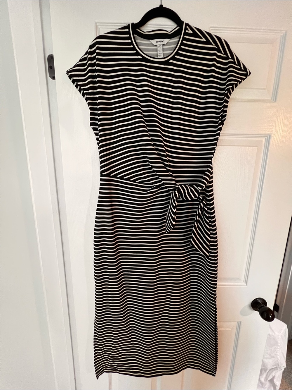 SPANX Black and White Striped Tie-Waist Maxi Dress